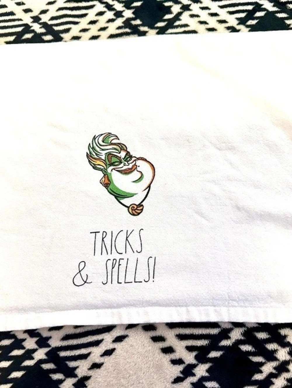 Rae Dunn Disney Villains Ursula Tricks & Spells Kitchen Towel White & Black